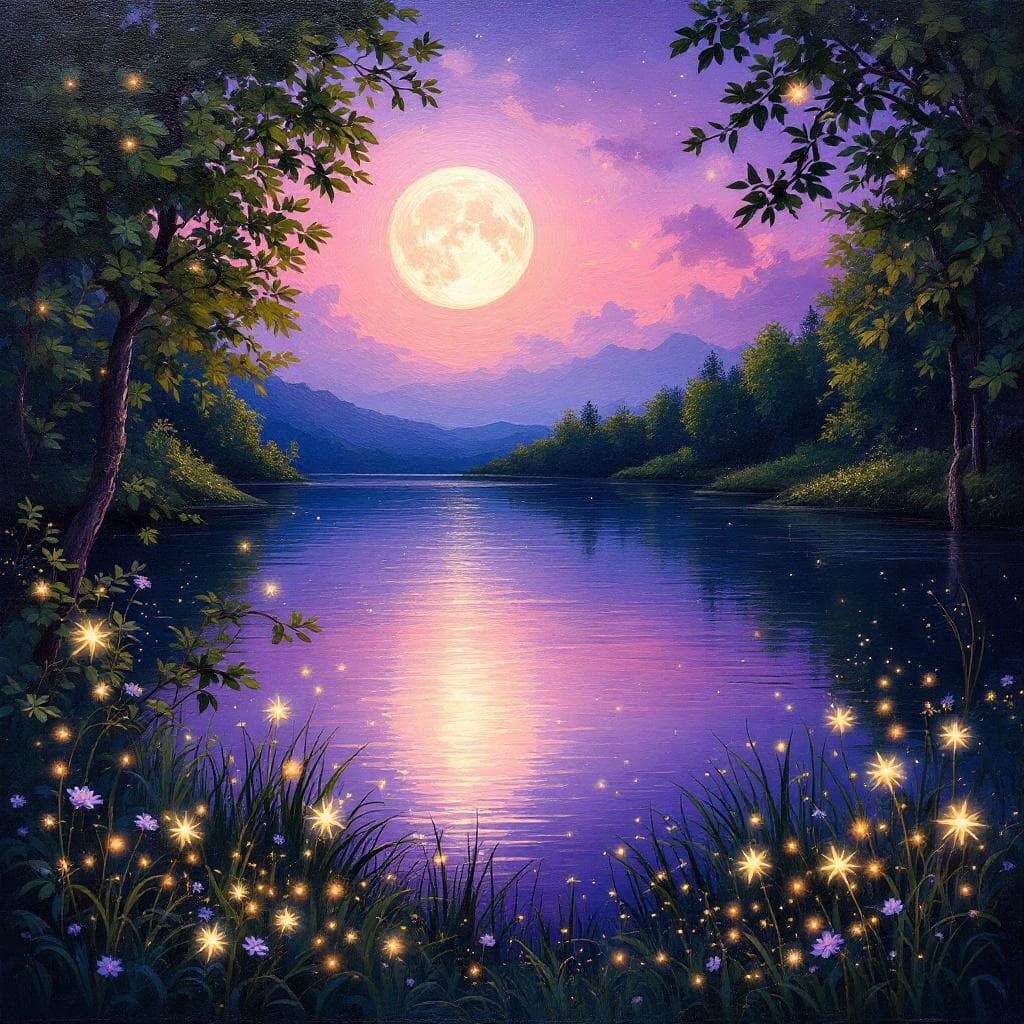 AI generated: A strawberry moon rising over a serene lake, surrounded by lush greenery and softly illuminated by t...