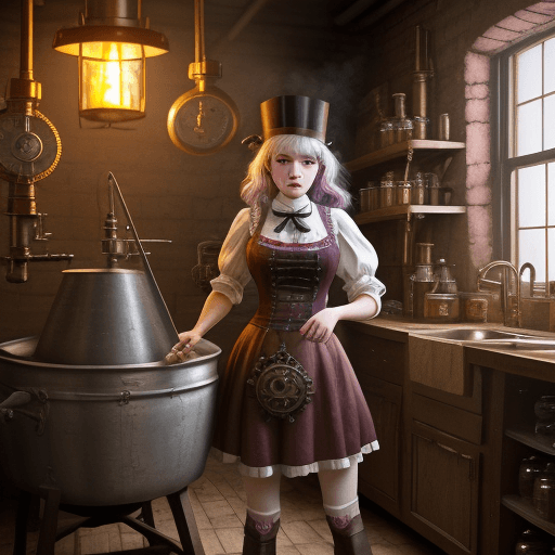 AI generated: Kenzie reeves ohwx woman making the boiling borscht in a steampunk laboratory in the little shtetl o...