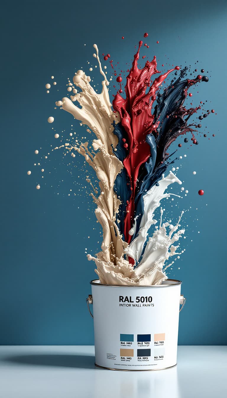 AI generated: A professional product shot of interior wall paint in a sleek metallic paint bucket, placed against ...