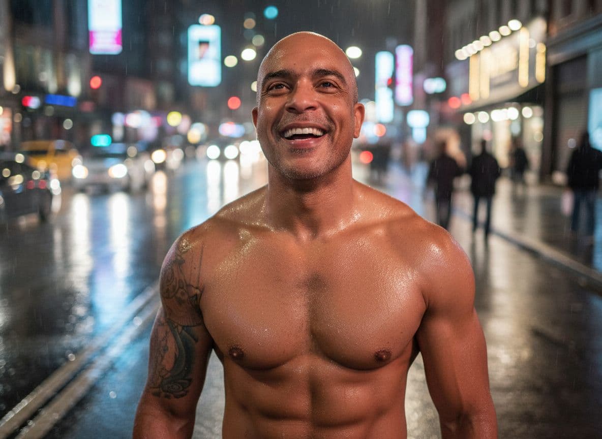 AI generated: A cinematic, close-up portrait of a muscular African bold man in his 30s  on a street at night, with...