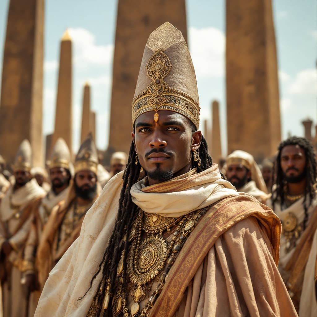 AI generated: Phot of the axumite king Ezana in front of the obelisks of Aksum, he has distinct habesha features a...