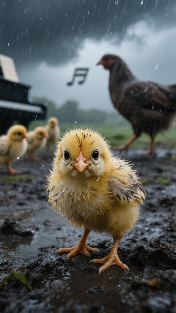 AI generated: A small, lonely yellow chick stands trembling under heavy rain, big sad eyes filled with tears. Its ...