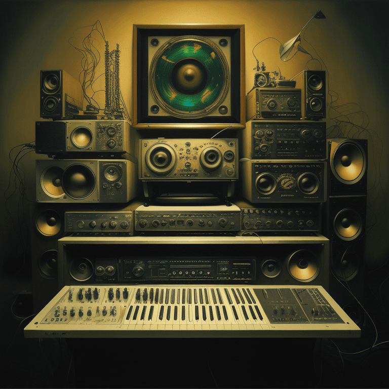 AI generated: music Album cover picture, jazz, surreal art, oil picture, radio, speaker, synthesizerm, amplifier, ...