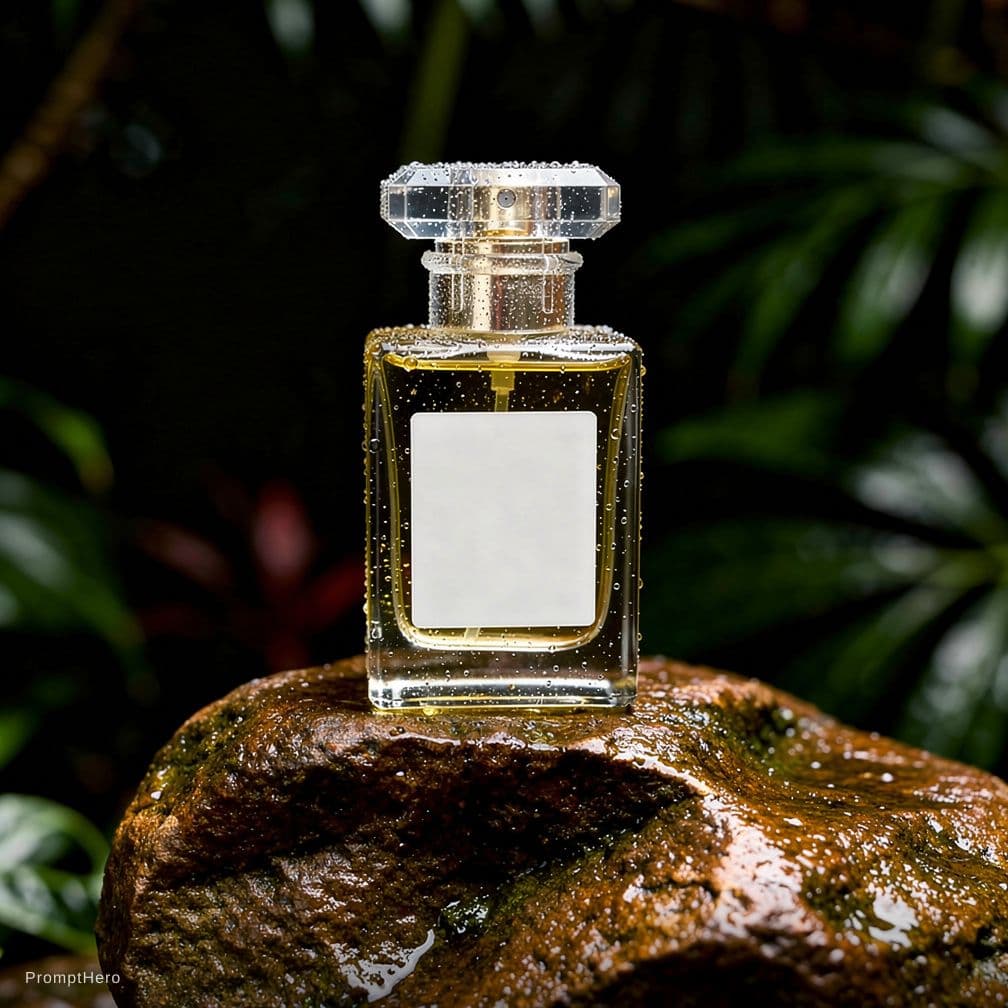 AI generated: luxury perfume bottle on a rock with white empty sticker, ad, brand, over a tropical deep dark backg...