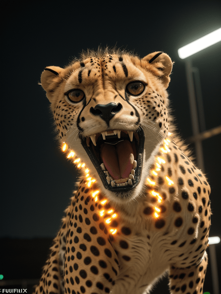 AI generated:  a robotic cheetah, bright lights, night time, cinematic lighting, battered, medium angle, 8k, hyper...