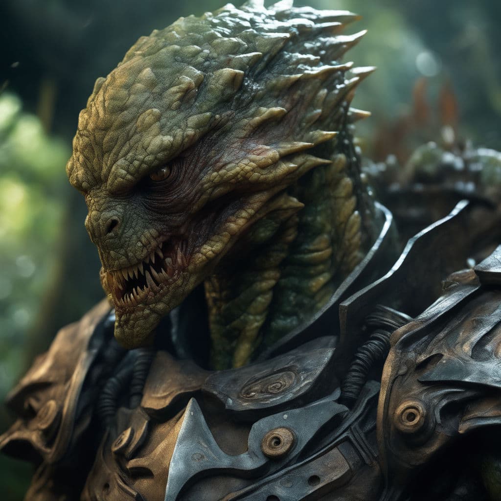 AI generated: beautiful concept art of a evil looking reptilian , hard scaly cold  matte skin panels with symmetri...