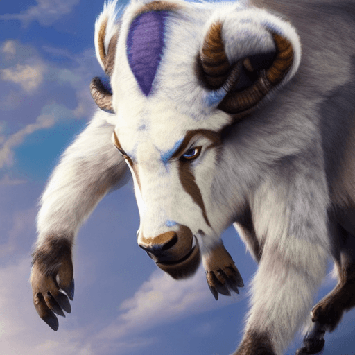 AI generated: Appa is Avatar Aangs sky bison, white and azure, lots of long fur, luminosity of background, falling...