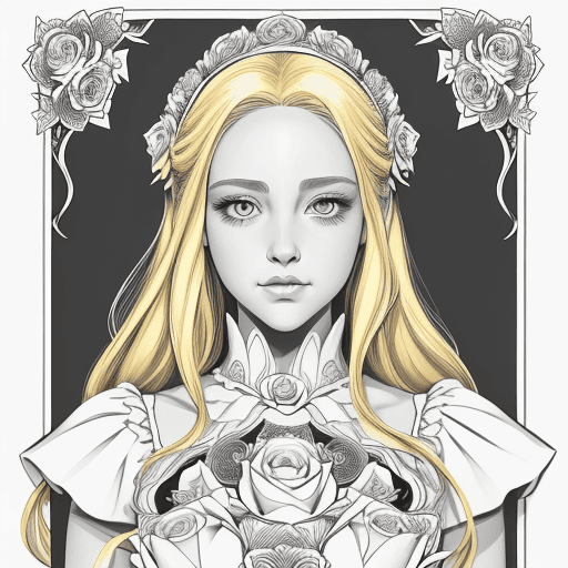AI generated: Beautiful Princess with blonde hair, roses in the background, symmetrical eyes, coloring book, clean...