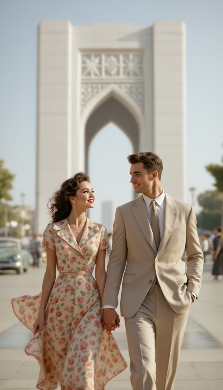 AI generated: The young couple from the 1950s walks hand in hand through Azadi Square (formerly Shahyad Square), t...