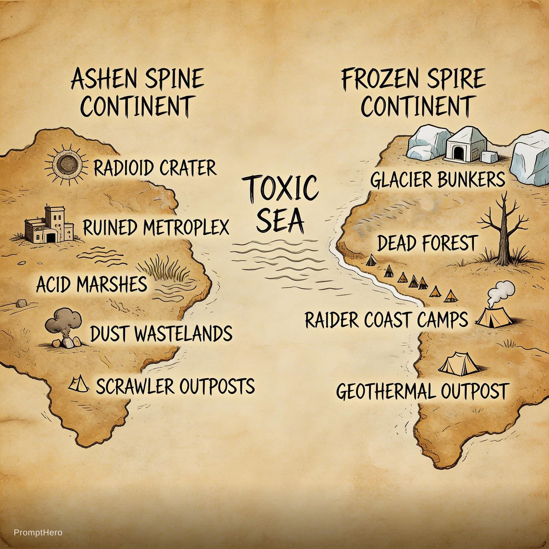 AI generated: an elaborate map of a post-apocalyptic world with 2 continents on parchment paper, video games, no d...