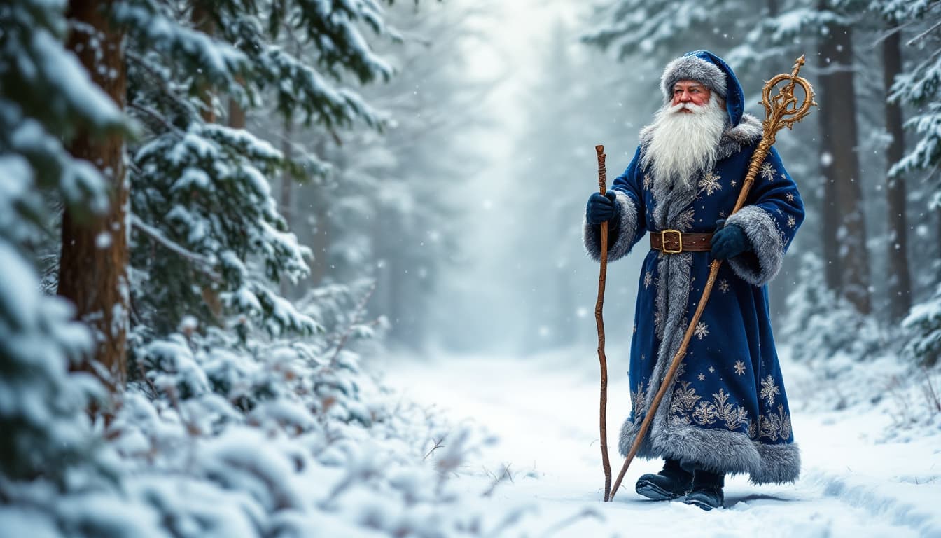 AI generated: Art. Santa Claus from Russian folk tales is walking through a snowy forest, holding a staff in his h...