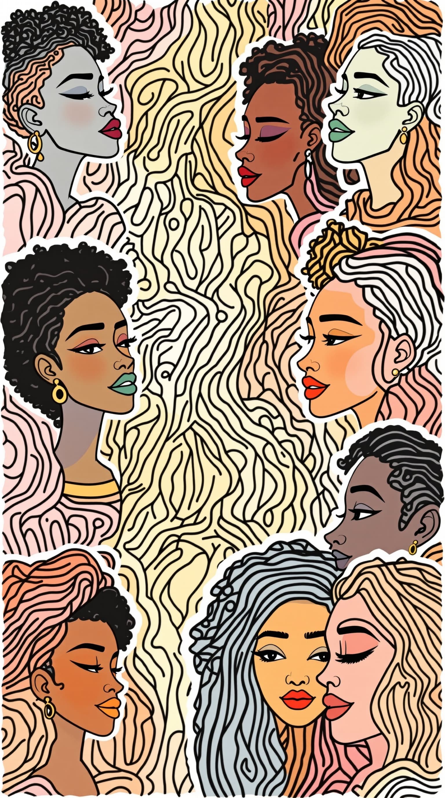 AI generated: continuous-line-drawings-of-black women and men-with-pastel-colors-sticker-2d-cute-fantasy-dream-905...
