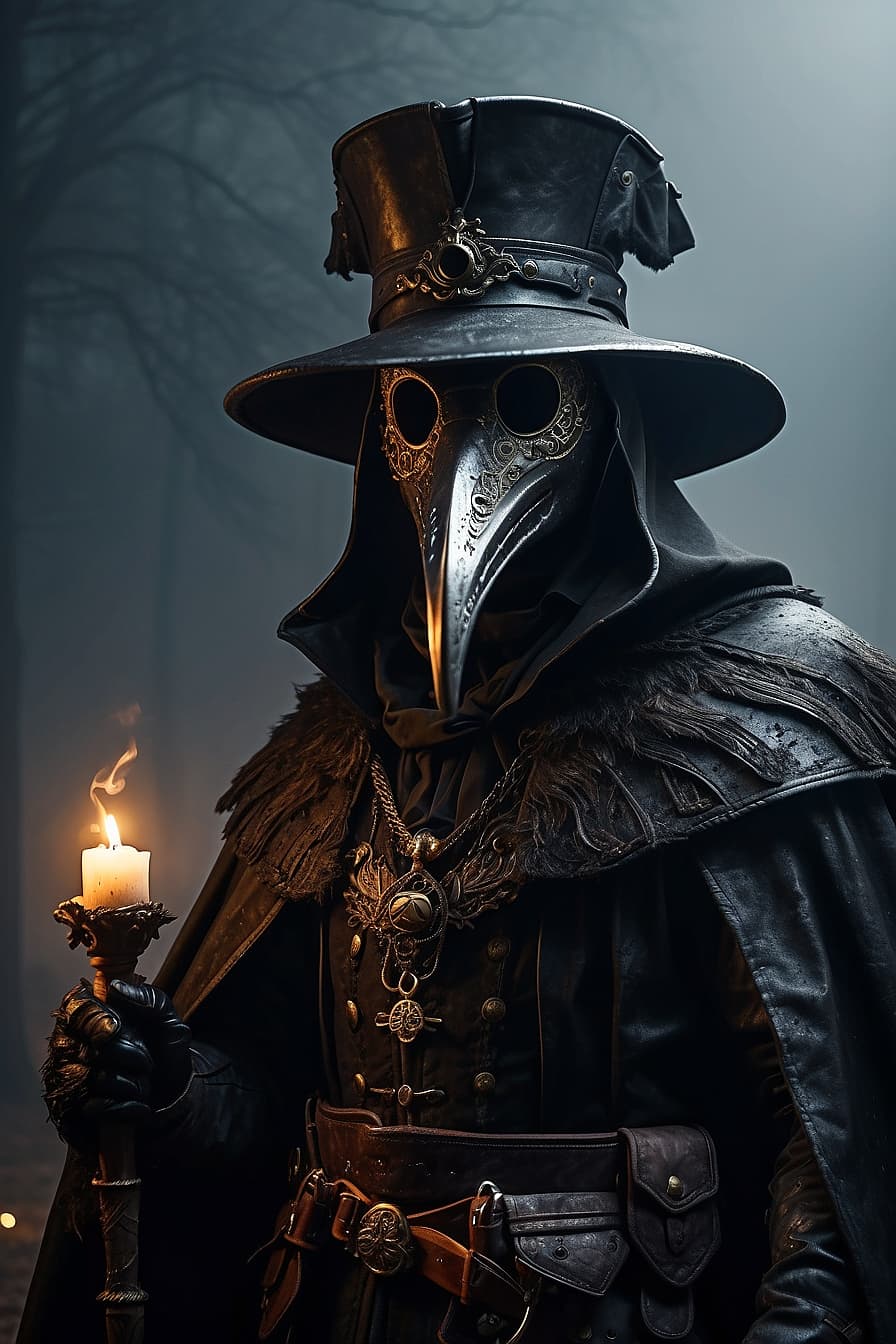 AI generated: 17th century Plague doctor, graveyard, fog, Hat, mask, leather, 6-shooter revolver, highly detailed,...