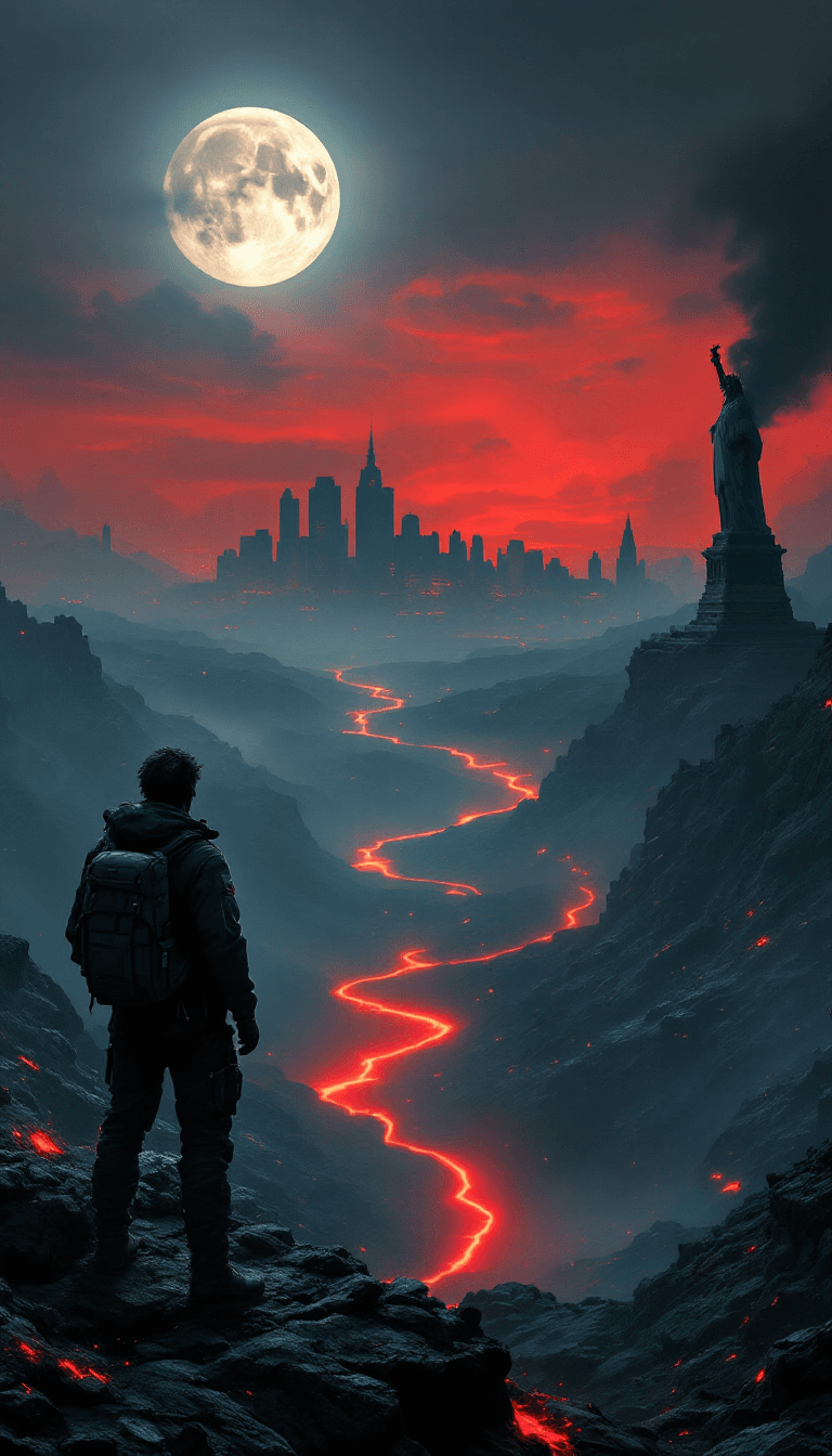 AI generated: "A post-apocalyptic landscape bathed in a haunting red-orange glow, with a hazy atmosphere and an om...