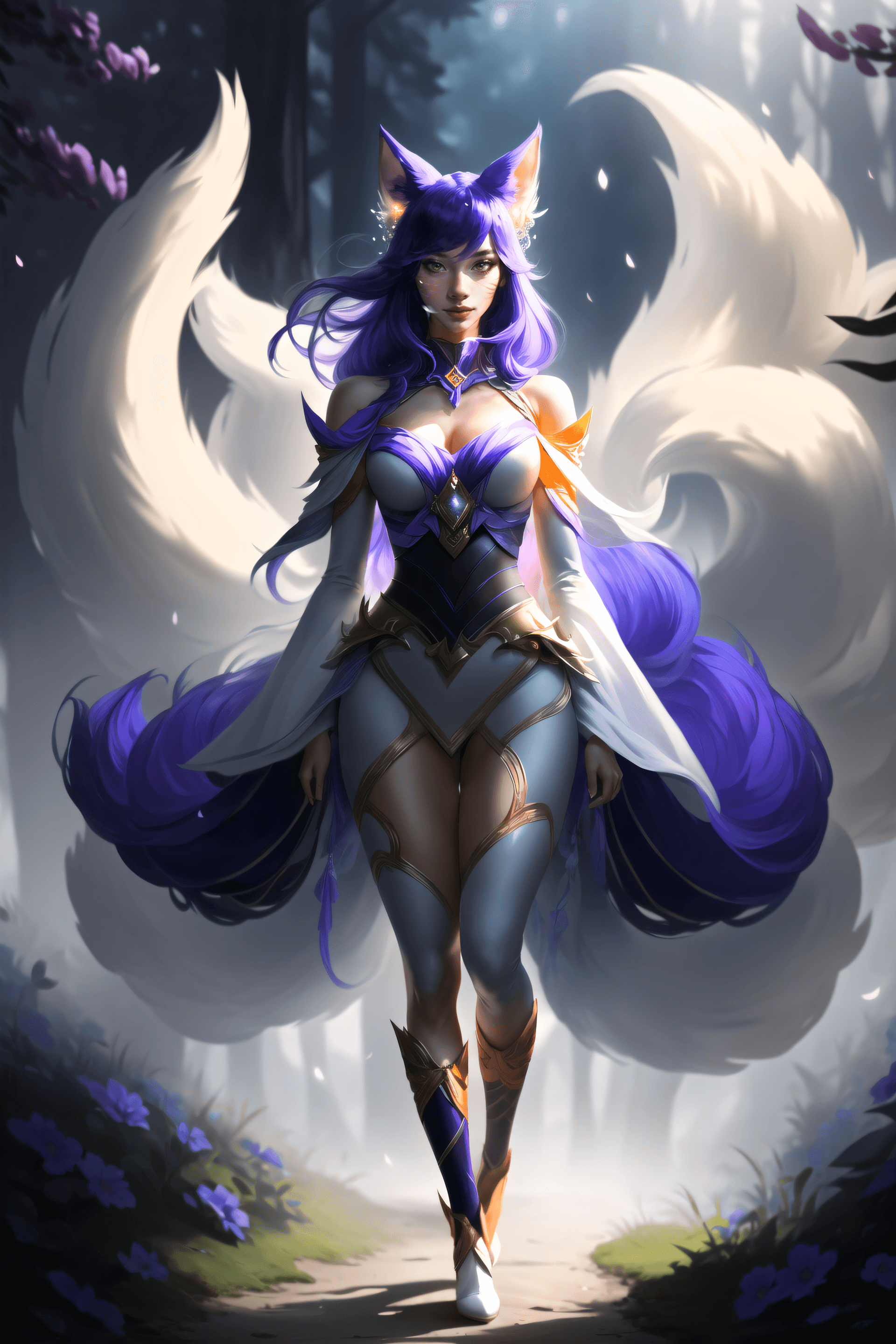 AI generated: ahri \(league of legends\), animal ears, purple hair,  facial mark, fox ears, white fox tails, orang...