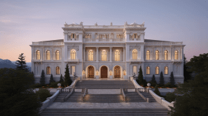 AI generated: A majestic palace with a neoclassical design, enchanting and captivating, and marble facade, inspire...