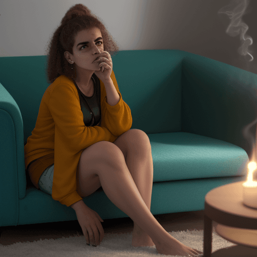 AI generated: Menina no sofá à frente da lareira, com uma chávena de chá a fumegar e um ambiente acolhedor 