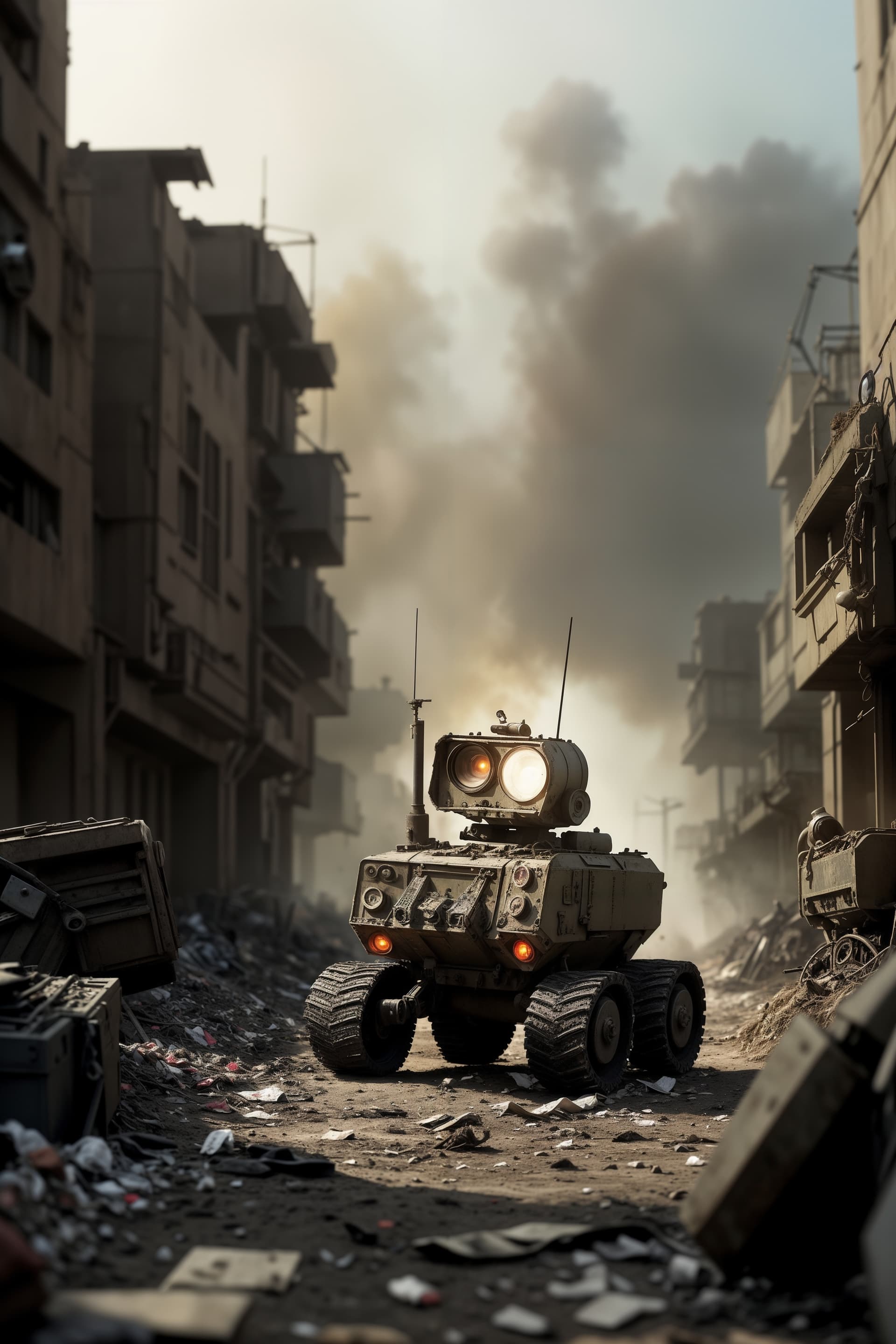 AI generated: dramatic light 50mm film photography, world war first photo on the battlefield, small cute mechanica...