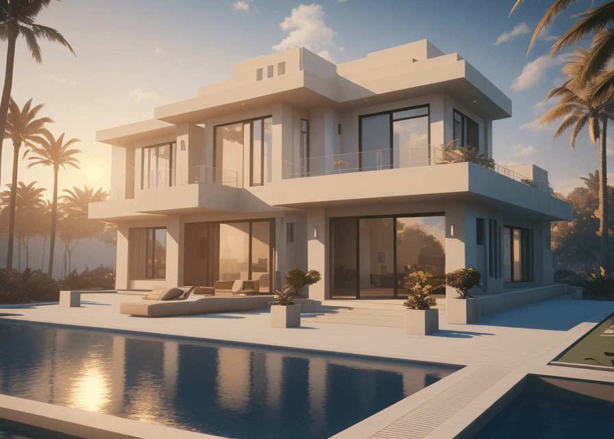 AI generated: small modern villa, cubic architecture, Bahai’s style mix to Islamic architecture, detailed, ultra-r...