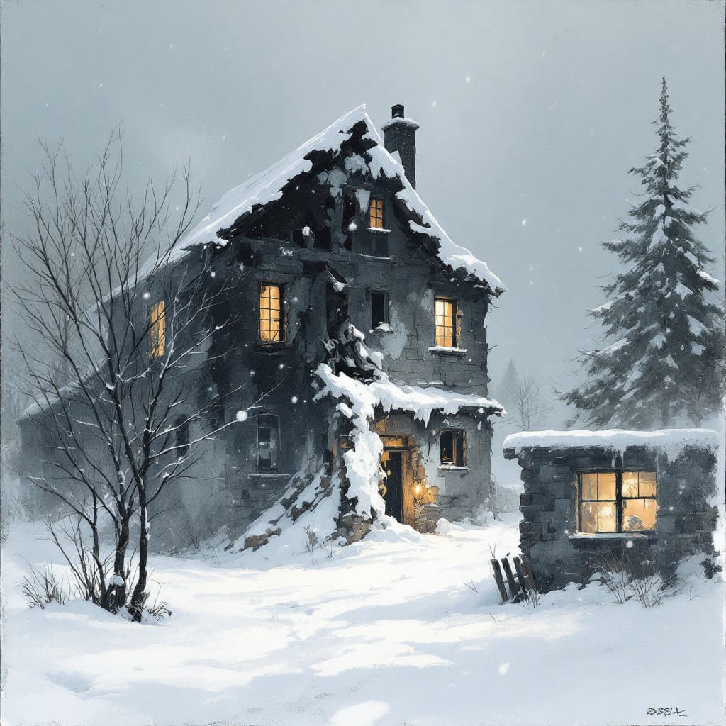 AI generated: illustration of a snow covered broken building, december, night, howling wind, motion, snow covered ...