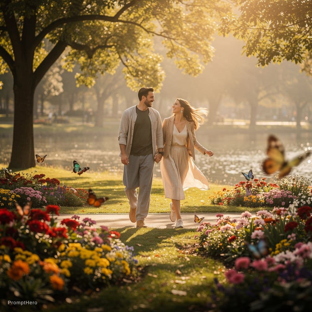 AI generated: Een gelukkig  paar dat 's ochtends door een levendig park loopt.

Voorgrond: kleurrijke bloemen en f...
