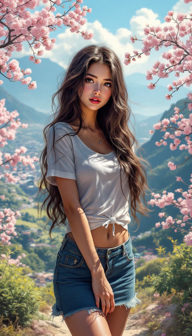 AI generated: Photorealism Painting of a girl, long hair, looking at viewer, wearing a casual clothes, short sleev...
