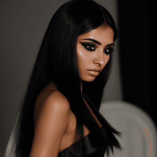 AI generated: Black Eye Shadow, looking at me, Pretty Face, Egyptian Tan Skin Model, Long Black Silky hair, Wearin...