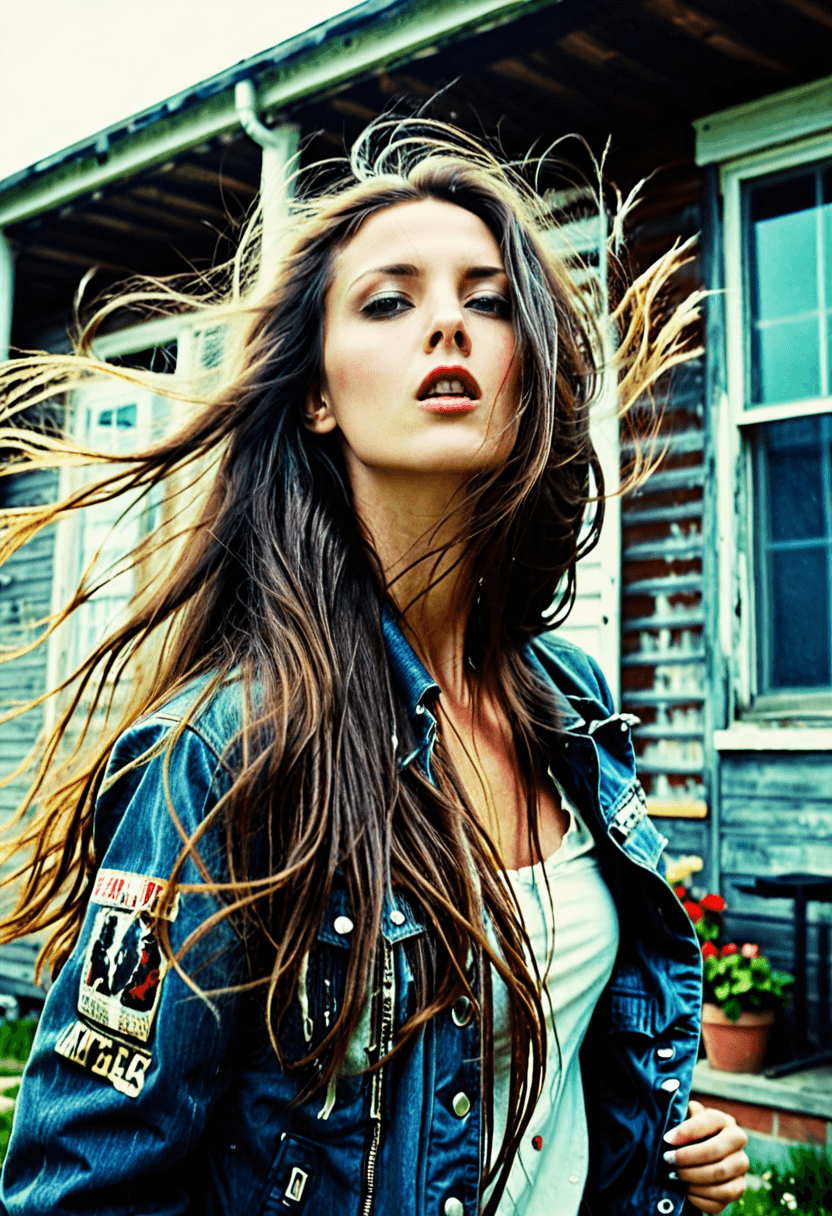 AI generated: grunge style photograph of a gorgeous woman with long brunette hair blowing in the wind, wearing a j...