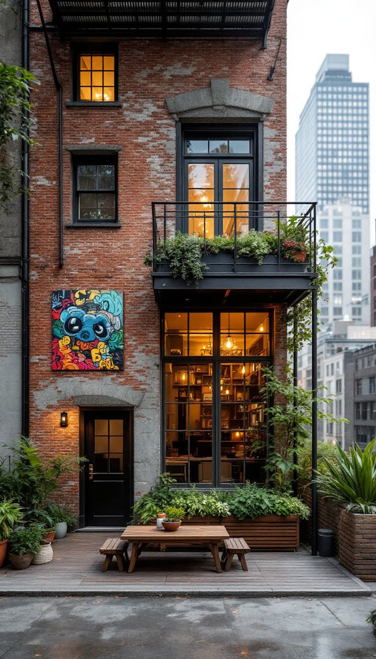 AI generated: Cozy apartment building, rustic brick fa\u00e7ade, industrial metal accents, reclaimed wood textures...