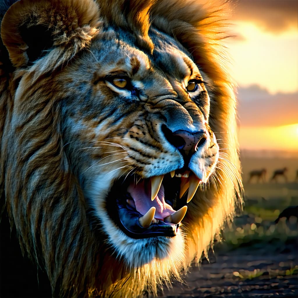 AI generated: An extreme close-up digital painting of a majestic Barbary lion's face, directly confronting the vie...