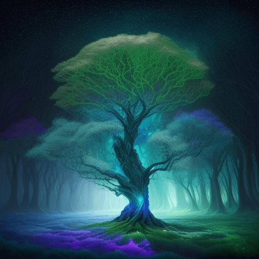 AI generated: bright painting of a tree with stars in the sky, in the style of dreamlike fantasy creatures, multil...