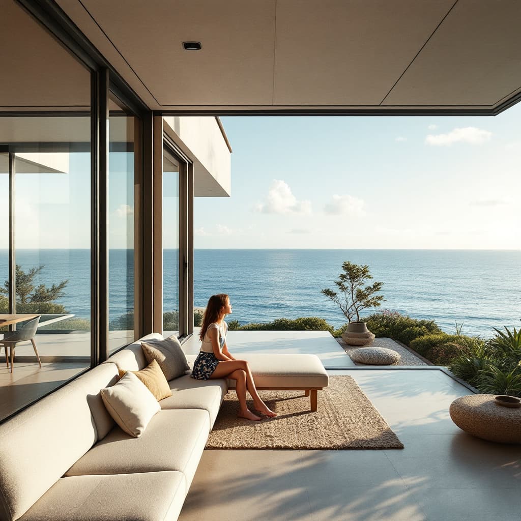 AI generated: Hyper realistic eye level exterior photo of a mid century modern style house overlooking the ocean, ...
