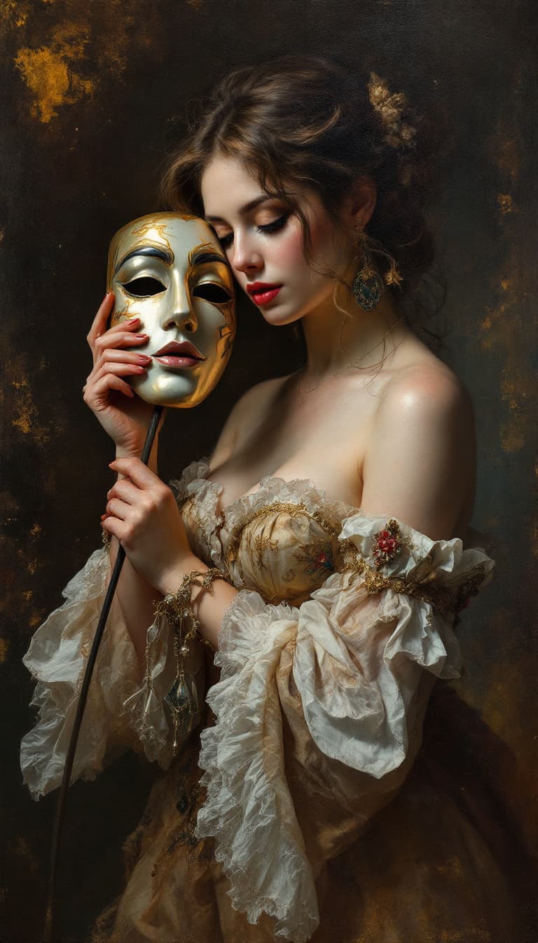 AI generated: Oil Glazing, Luminous Colors, Layered Textures, Graceful, Woman Holding a Mask Performing, Poised De...