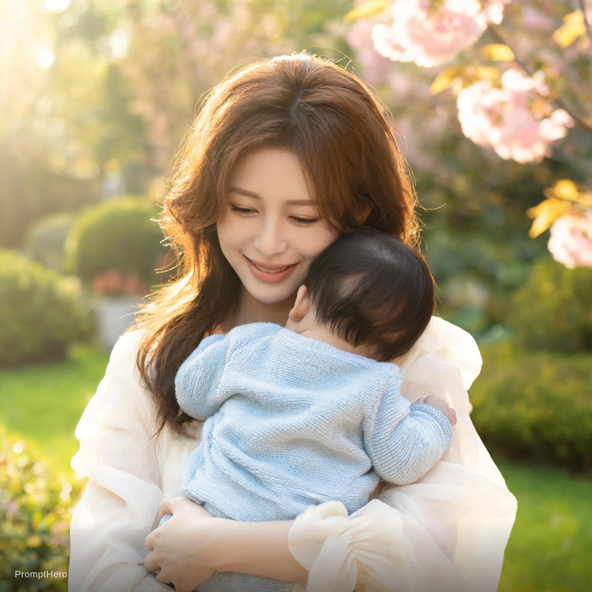 AI generated: a beautiful mom holding baby boy in her arm with sobar smile