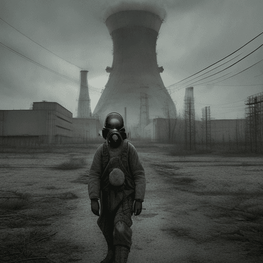 AI generated: Chernobyl nuclear power plant, gloomy atmosphere, one stalker, machine gun, gas mask, mutants around...