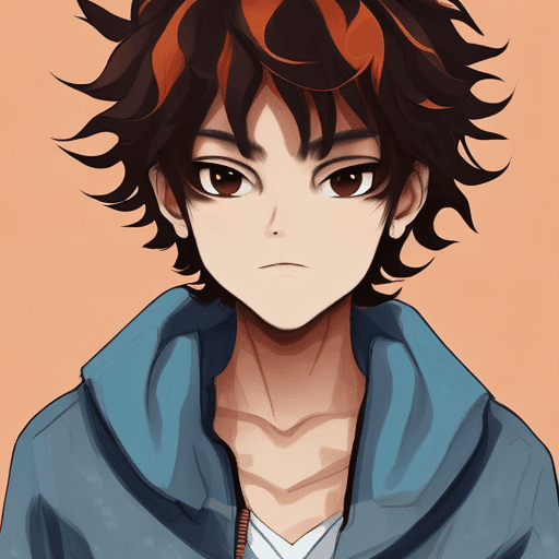 AI generated: Kai, boy 8 years, tanned skin, dark brown eyes, orange sweat, curly hair in anime style
