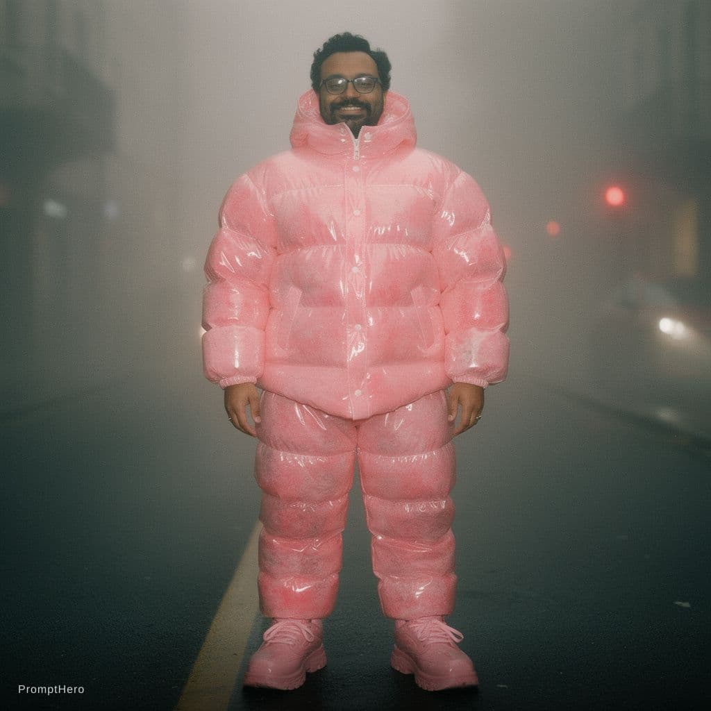 AI generated: fashion photography, man model in full-body, front central view, wearing an oversized fluffy and vin...