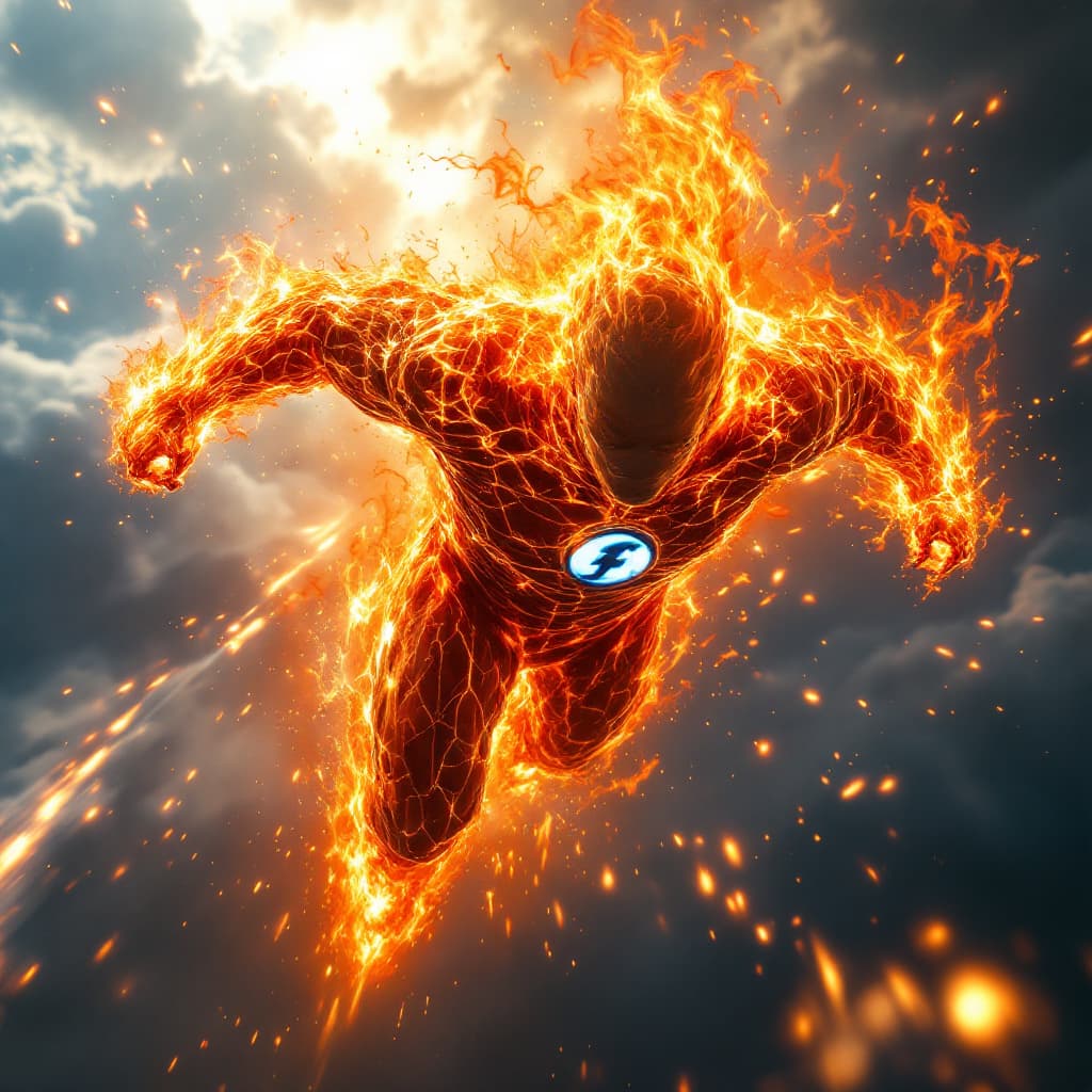 AI generated: "A hyper-realistic depiction of the Human Torch from the Fantastic Four, blazing through the sky at ...