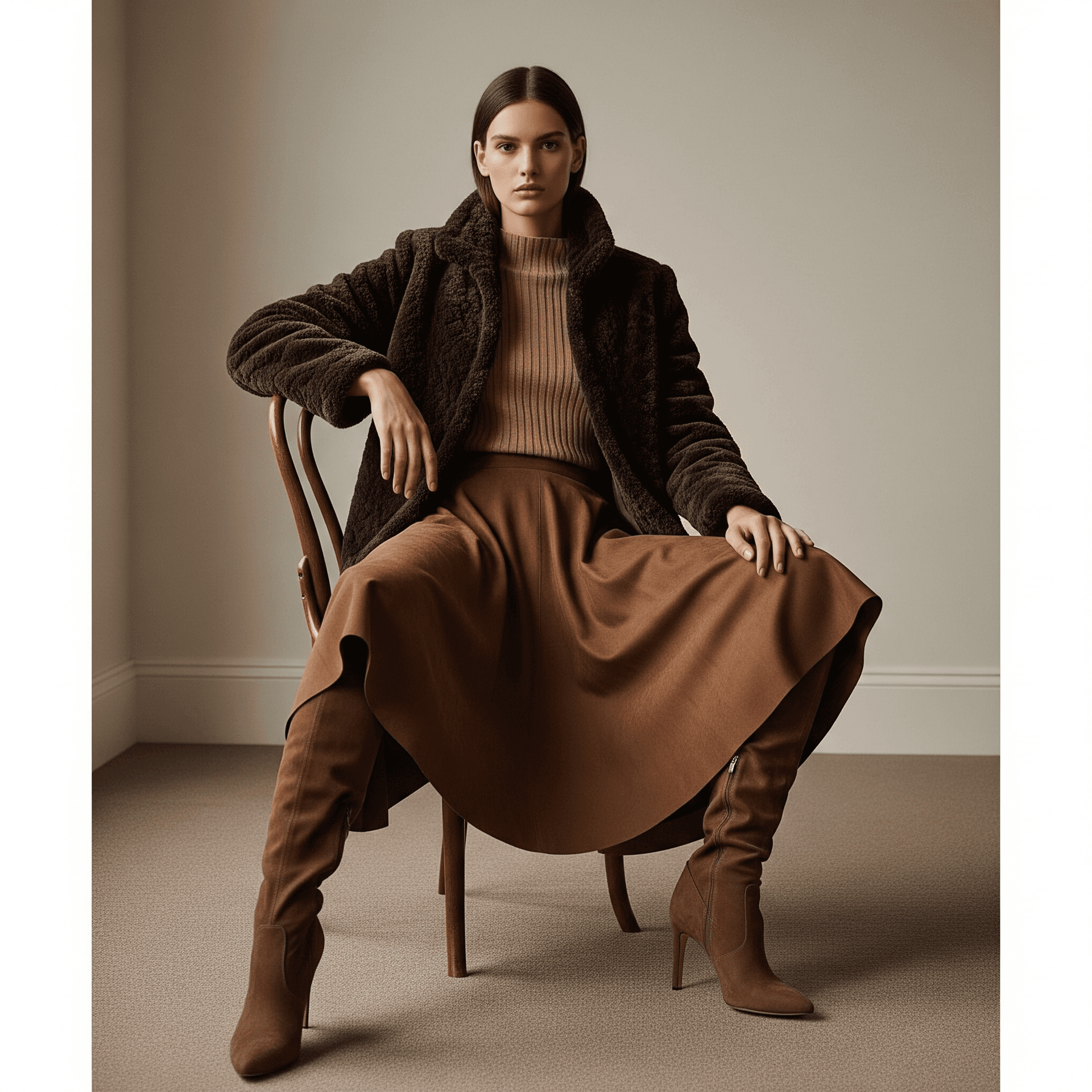 AI generated: A hyperrealistic and high-fashion photograph of a person, full-shot, seated on a classic wooden chai...