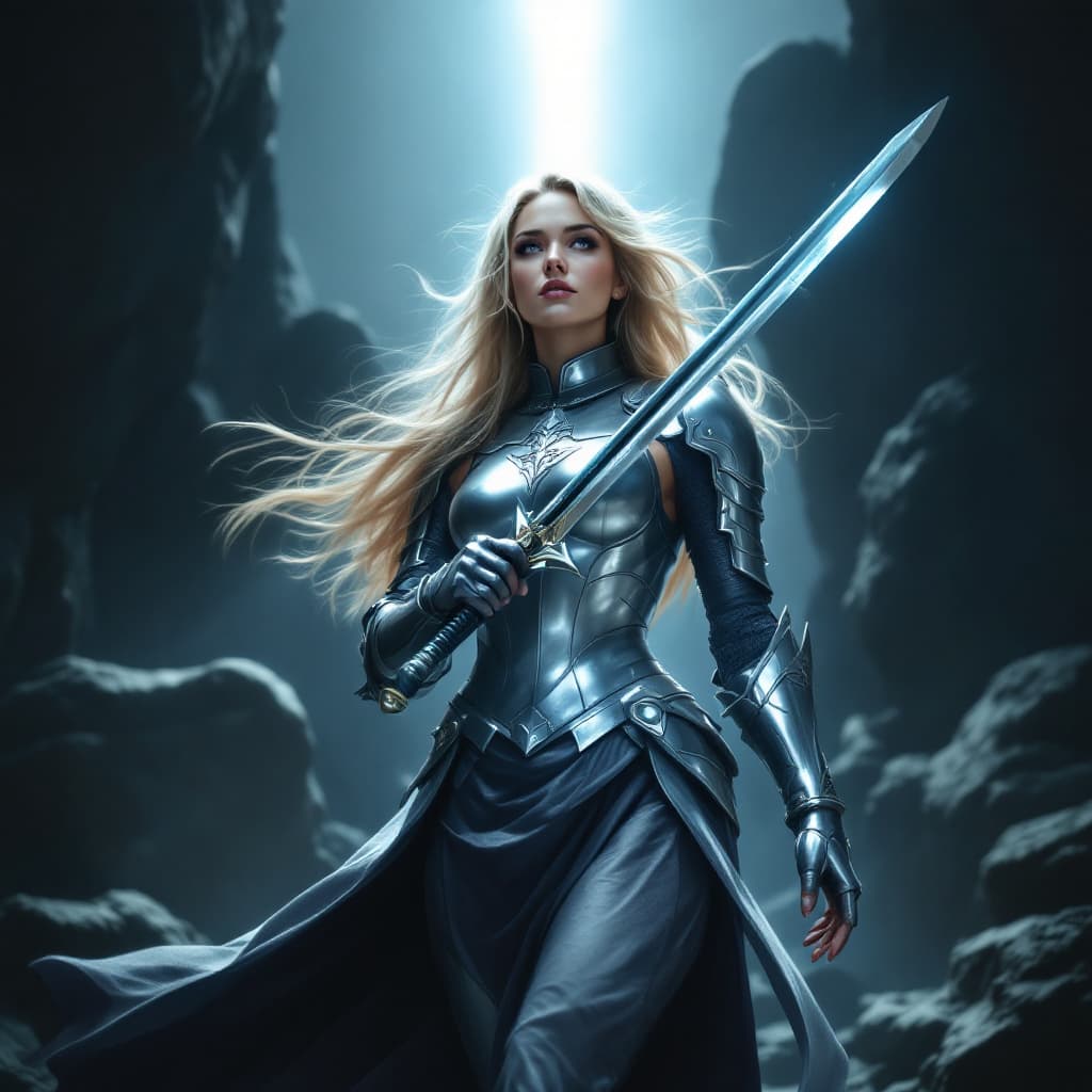 AI generated: The image depicts a woman in a fantasy setting, dressed in armor and holding a glowing sword.
The wo...
