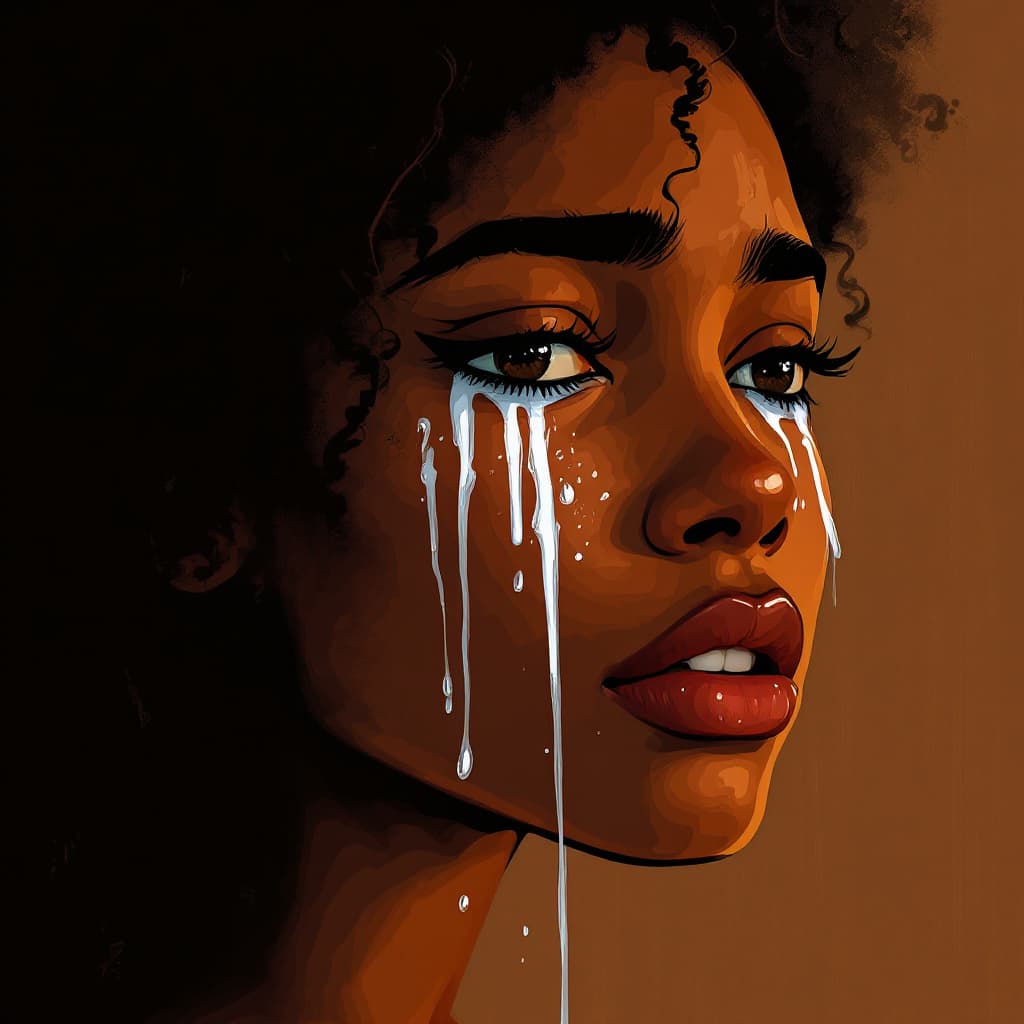 AI generated: An illustration of an afro american brown-haired girl crying, with detailed tears streaming down her...