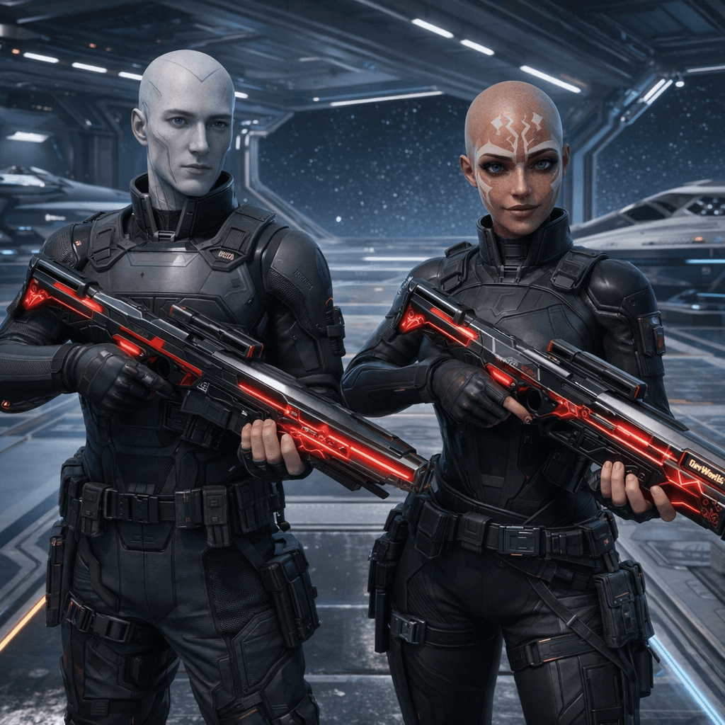 AI generated: Create an image where all the characters are holding the reference weapons in a formation dressed in...