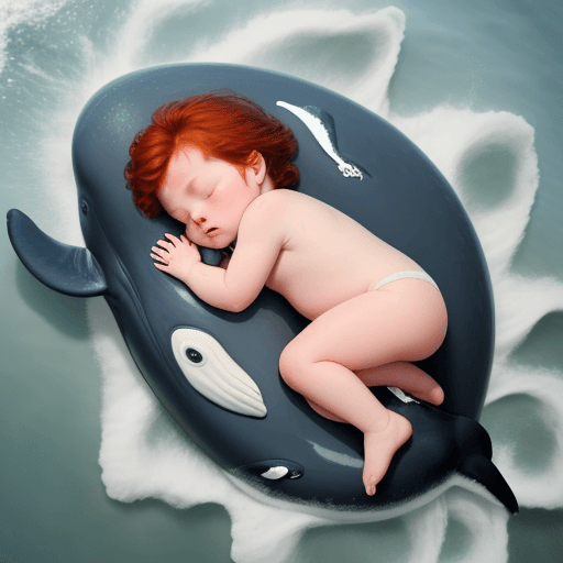 AI generated: A tender baby with soft reddish hair, asleep on a whale traveling over the sea, 

