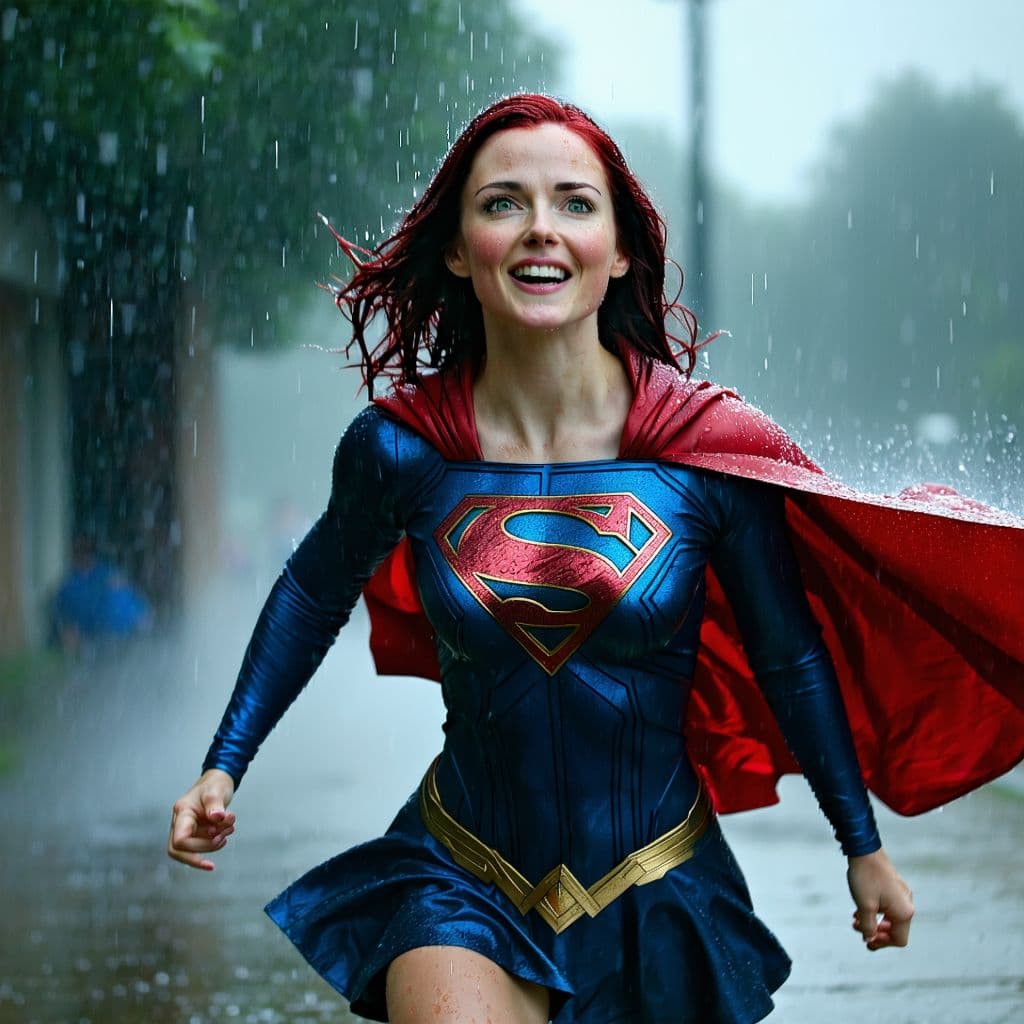 AI generated: Laura lynn flying through heavy rain, realistic lighting and atmosphere, wet hair clinging to her fa...