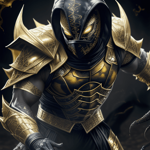 AI generated: scorpion from mortal kombat, covered in gold porcelain skin, white glowing eyes, ninja mask. wearing...