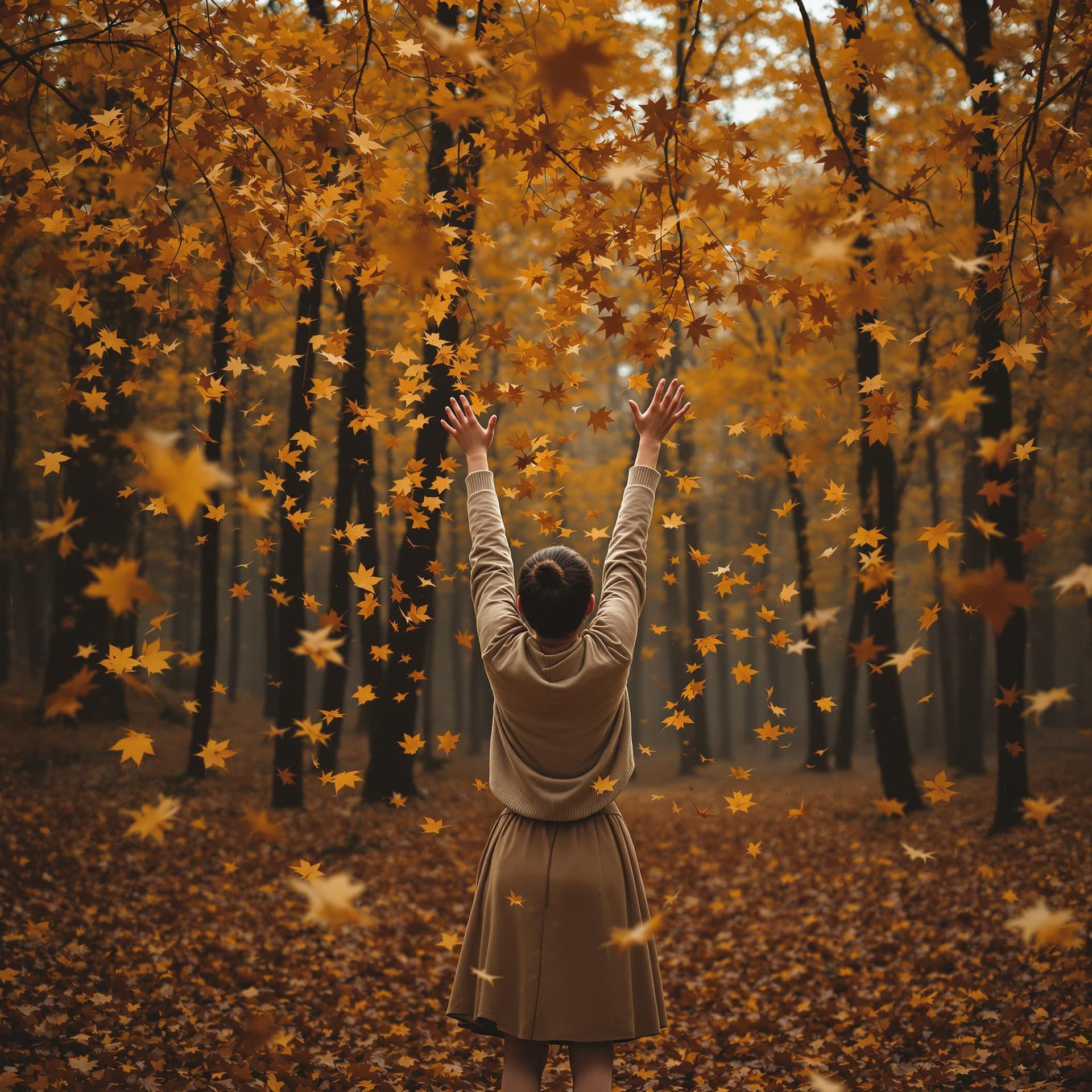 AI generated: The image captures a serene autumnal scene, where a young person stands amidst a flurry of golden le...