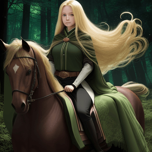 AI generated: Woman with long wave blonde hair, on dark brown horse with black mane, in green clothes with saddle ...