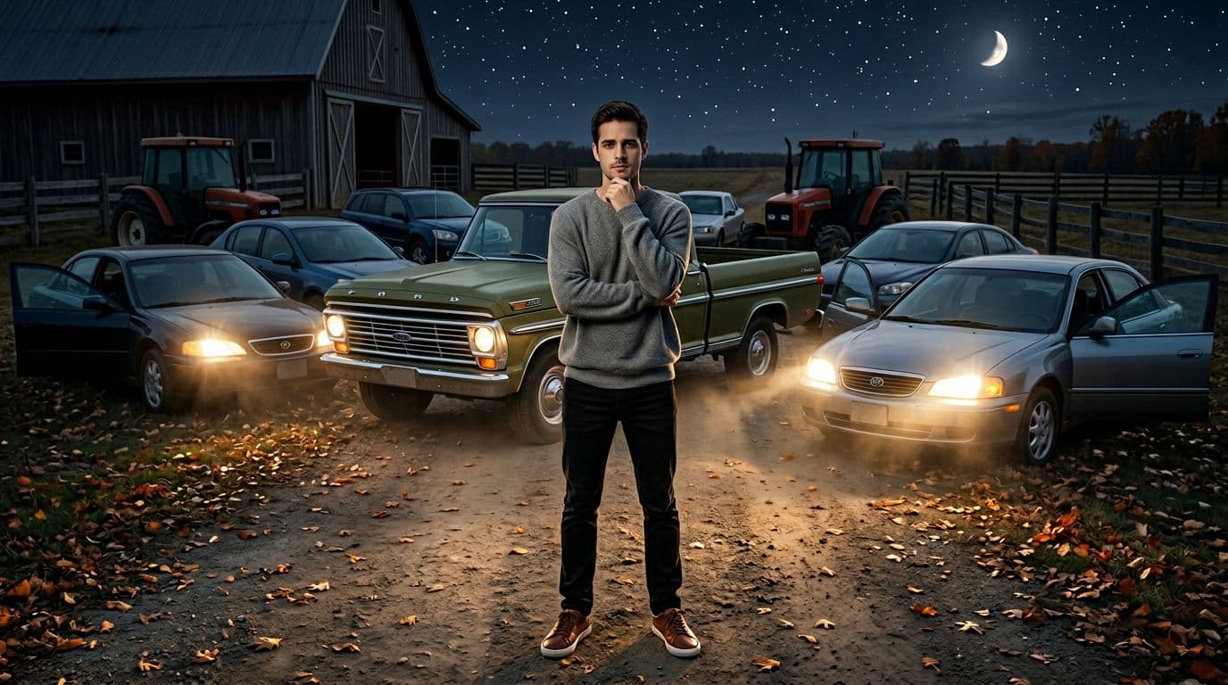 AI generated: In an Autumn night at a ranch. The vintage olive green Ford pick up truck is parked between nine car...