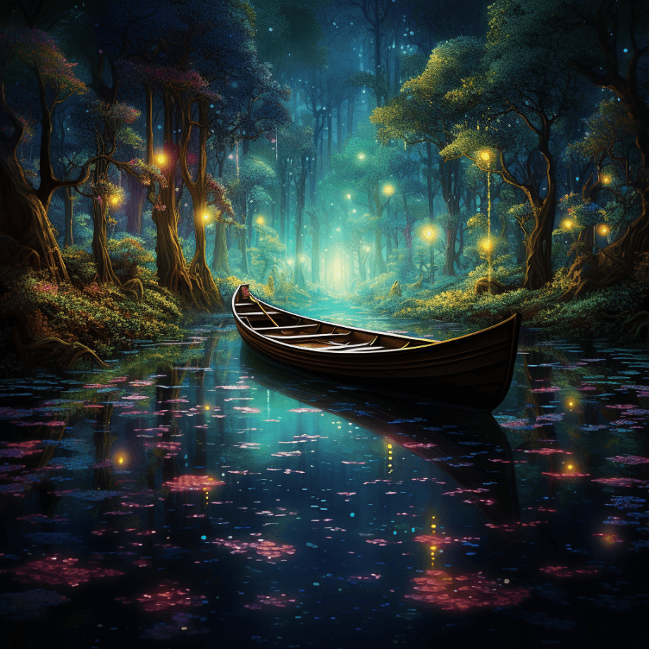 AI generated: waist-deep lake, boat, moonlight, forest, dark and mysterious, colorful, ultra highly detailed, 32 k...