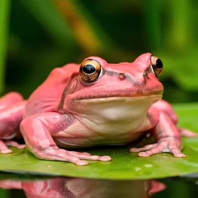 AI generated video: A pink frog licking his lips. 
